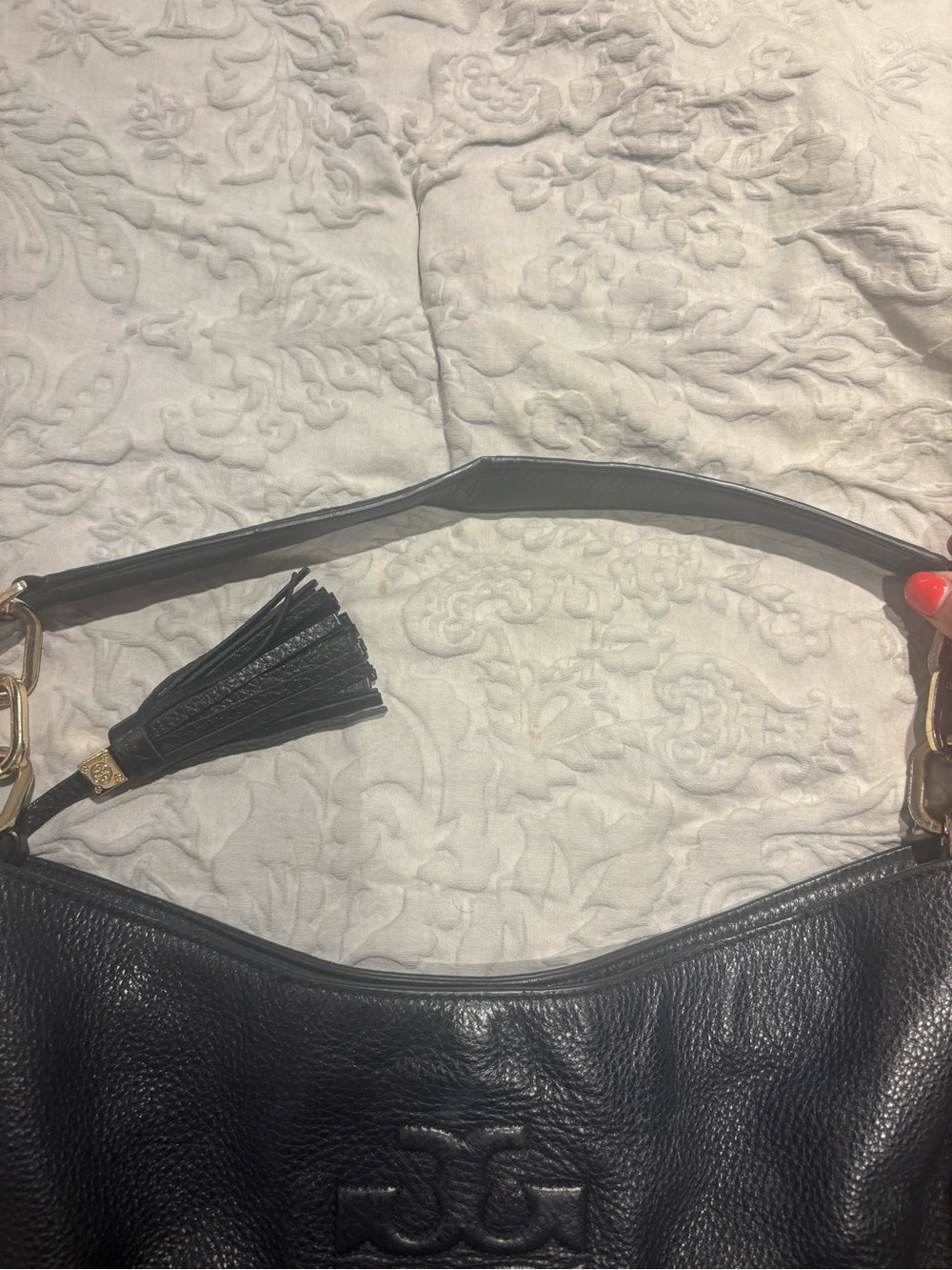 Tory Burch Black Pebbled Leather Shoulder Bag with Tassels - Picture 2 of 8